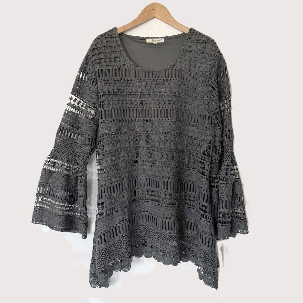 Indigo Soul Bell Sleeve Womens L Gray Crochet Lace Lined Tunic Dress Boho Hippie